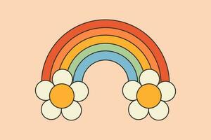 Multi colored rainbow and groovy trippy daisies in hippie style. Retro prints in style of 70s with hippie elements for T-shirt, cards, stickers. Suitable for nursery design. Vector Illustration