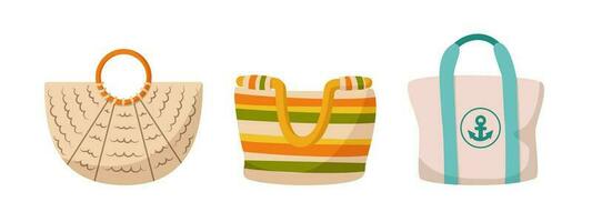 conjunto de De las mujeres playa bolsas. de moda hembra bolsos para yendo a playa, caminando, recreación, vacaciones, de viaje. lienzo, tela, de punto compradores verano accesorio. vector ilustración