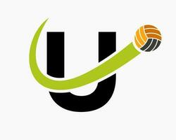 Letter U Volleyball Logo Concept With Moving Volley Ball Icon. Volleyball Sports Logotype Template vector