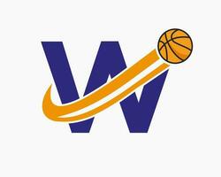 Initial Letter W Basketball Logo Concept With Moving Basketball Icon. Basket Ball Logotype Symbol vector