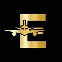 Letter E Travel Logo Concept With Flying Air Plane Symbol vector