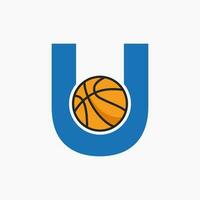 Basketball Logo On Letter U Concept. Basket Club Symbol Vector Template