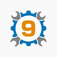 Letter 9 Repair Logo Gear Technology Symbol. Construction Service Logo Design vector