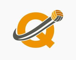 Letter Q Volleyball Logo Concept With Moving Volley Ball Icon. Volleyball Sports Logotype Template vector