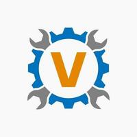 letra v reparar logo engranaje tecnología símbolo. construcción Servicio logo diseño vector