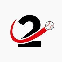 concepto de logotipo de béisbol de letra 2 con plantilla de vector de icono de béisbol en movimiento