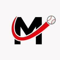 letra m concepto de logotipo de béisbol con plantilla de vector de icono de béisbol en movimiento