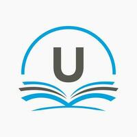 concepto de libro de logotipo de educación letra u. signo de carrera de formación, universidad, diseño de plantilla de logotipo de graduación de academia vector