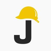 letra j casco construcción logo concepto con la seguridad casco icono. Ingenieria arquitecto logotipo vector