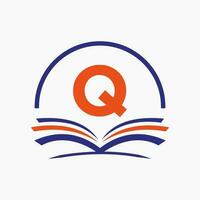 concepto de libro de logotipo de educación de letra q. signo de carrera de formación, universidad, diseño de plantilla de logotipo de graduación de academia vector