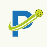 letra pags pickleball logo concepto con Moviente pepinillo pelota símbolo. pepinillo pelota logotipo vector