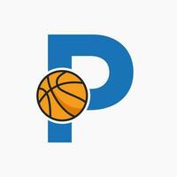 Basketball Logo On Letter P Concept. Basket Club Symbol Vector Template