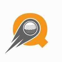 letra q concepto de logotipo de golf con icono de pelota de golf en movimiento. plantilla de vector de símbolo de logotipo de deportes de hockey