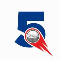 concepto de logotipo de golf de letra 5 con icono de pelota de golf en movimiento. plantilla de vector de símbolo de logotipo de deportes de hockey