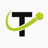 Letter T Pickleball Logo Concept With Moving Pickle Ball Symbol. Pickle Ball Logotype vector