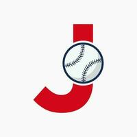 letra j concepto de logotipo de béisbol con plantilla de vector de icono de béisbol en movimiento