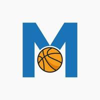 Basketball Logo On Letter M Concept. Basket Club Symbol Vector Template