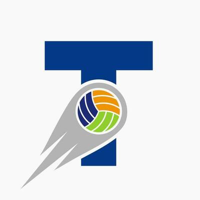 Letter T Volleyball Logo Concept With Moving Volley Ball Icon. Volleyball Sports Logotype Template
