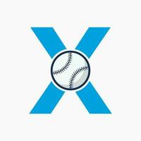 letra x concepto de logotipo de béisbol con plantilla de vector de icono de béisbol en movimiento