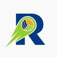 Letter R Volleyball Logo Concept With Moving Volley Ball Icon. Volleyball Sports Logotype Template vector