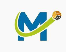 Letter M Volleyball Logo Concept With Moving Volley Ball Icon. Volleyball Sports Logotype Template vector