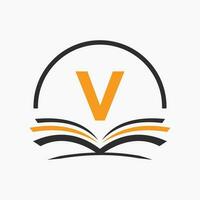 concepto de libro de logotipo de educación letra v. signo de carrera de formación, universidad, diseño de plantilla de logotipo de graduación de academia vector