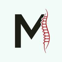 Letter M Orthopedic Health Bone Logo Design With Back Bone Icon. Bone Health Logo Sign vector