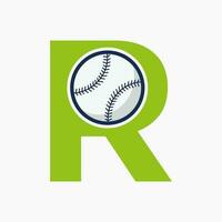 Letter R Baseball Logo Concept With Moving Baseball Icon Vector Template