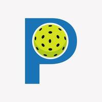 Pickleball Logo On Letter P Vector Template. Pickle Ball Logotype