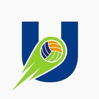 Letter U Volleyball Logo Concept With Moving Volley Ball Icon. Volleyball Sports Logotype Template vector
