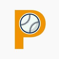 letra p concepto de logotipo de béisbol con plantilla de vector de icono de béisbol en movimiento