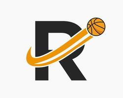 inicial letra r baloncesto logo concepto con Moviente baloncesto icono. cesta pelota logotipo símbolo vector