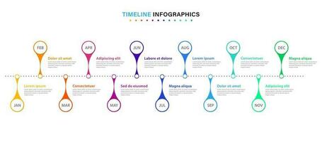 Infographic timeline template for 1 year. Business infographic timeline design with 12 steps or options. Can be used for workflows, calendar layouts, diagrams, presentations. Vector illustration