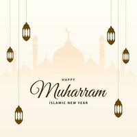 Happy Muharram islamic new year background. Hijri new year greeting card design with mosque and lantern. Vector illustration.