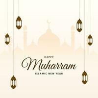 Happy Muharram islamic new year background. Hijri new year greeting card design with mosque and lantern. Vector illustration.