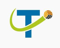 Letter T Volleyball Logo Concept With Moving Volley Ball Icon. Volleyball Sports Logotype Template vector