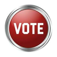 votar botón icono, lustroso 3d realista votar ahora botón, votación insignia, insignia, etiqueta, votación Sí, empujar botón, aislado en blanco antecedentes vector