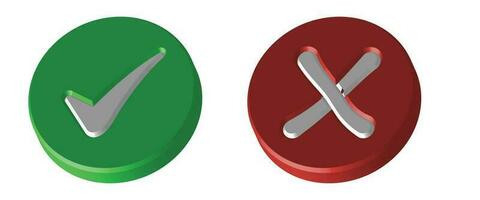 Realistic 3D Green Right Check Mark Icon, Wrong Checkmark Icon, Glossy And Shiny Tickmark Icon And Cross Mark Icon, Green And Red Realistic Checkmark With Correct Wrong Or X Mark Vector Illustration