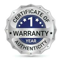 1 Year Warranty Glossy And Shiny Silver Metallic Badge Design, Label, Seal, 1 Year Certificate Of Authenticity, One Year Warranty Badge Vector Illustration