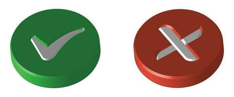 Realistic 3D Green Right Check Mark Icon, Wrong Checkmark Icon, Glossy And Shiny Tickmark Icon And Cross Mark Icon, Green And Red Realistic Checkmark With Correct Wrong Or X Mark Vector Illustration