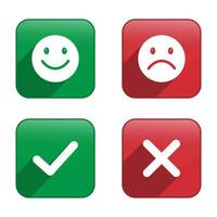 Glossy Happy And Sad Faces, True And False Check Mark, Tick And Cross, Yes And No Check Marks On Circle, Green And Red Color For Good Mood And Bad Mood Emoticon Vector Illustration