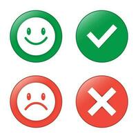 Glossy Happy And Sad Faces, True And False Check Mark, Tick And Cross, Yes And No Check Marks On Circle, Green And Red Color For Good Mood And Bad Mood Emoticon Vector Illustration