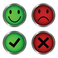 Glossy Happy And Sad Faces, True And False Check Mark, Tick And Cross, Yes And No Check Marks On Circle, Green And Red Color For Good Mood And Bad Mood Emoticon Vector Illustration