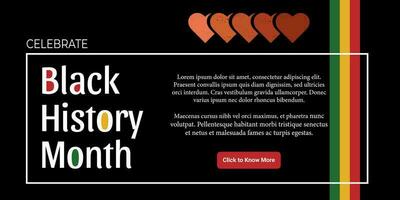 Black History Month web banner with line decoration, bright colors, hearts and text on a black background. vector