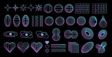 Set of gradient retro shapes, elements in Y2K futuristic aesthetics, abstract vector symbols and dimensional wireframes.