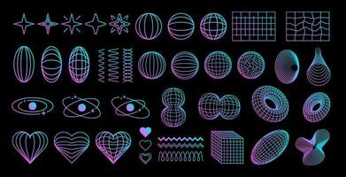 Set of gradient retro shapes, elements in Y2K futuristic aesthetics, abstract vector symbols and dimensional wireframes.