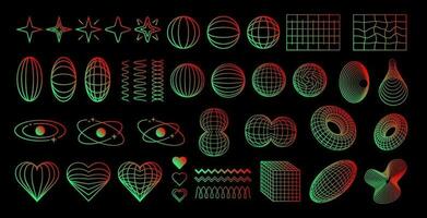 Set of gradient retro shapes, elements in Y2K futuristic aesthetics, abstract vector symbols and dimensional wireframes.