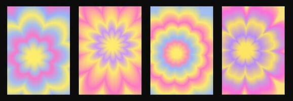 Set of four psychedelic y2k posters, colorful backdrops with vivid vibrant colors, vector 2000s aesthetic backgrounds.