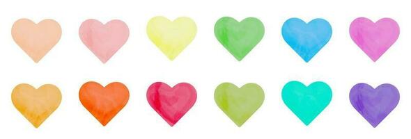 Group of cute watercolor hearts, collection with colorful love symbols isolated on a white background. vector