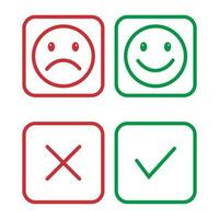 Glossy Happy And Sad Faces, True And False Check Mark, Tick And Cross, Yes And No Check Marks On Circle, Green And Red Color For Good Mood And Bad Mood Emoticon Vector Illustration